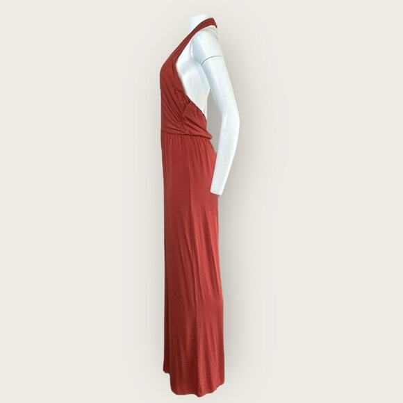 NWT | Krisa | Plunge Halter Flare Jumpsuit | Burnt Orange | Large - Picture 3 of 15